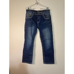 True Luck Mens Straight Leg Jeans Dark Wash Contrast Stitch Blue 32x30 32/30